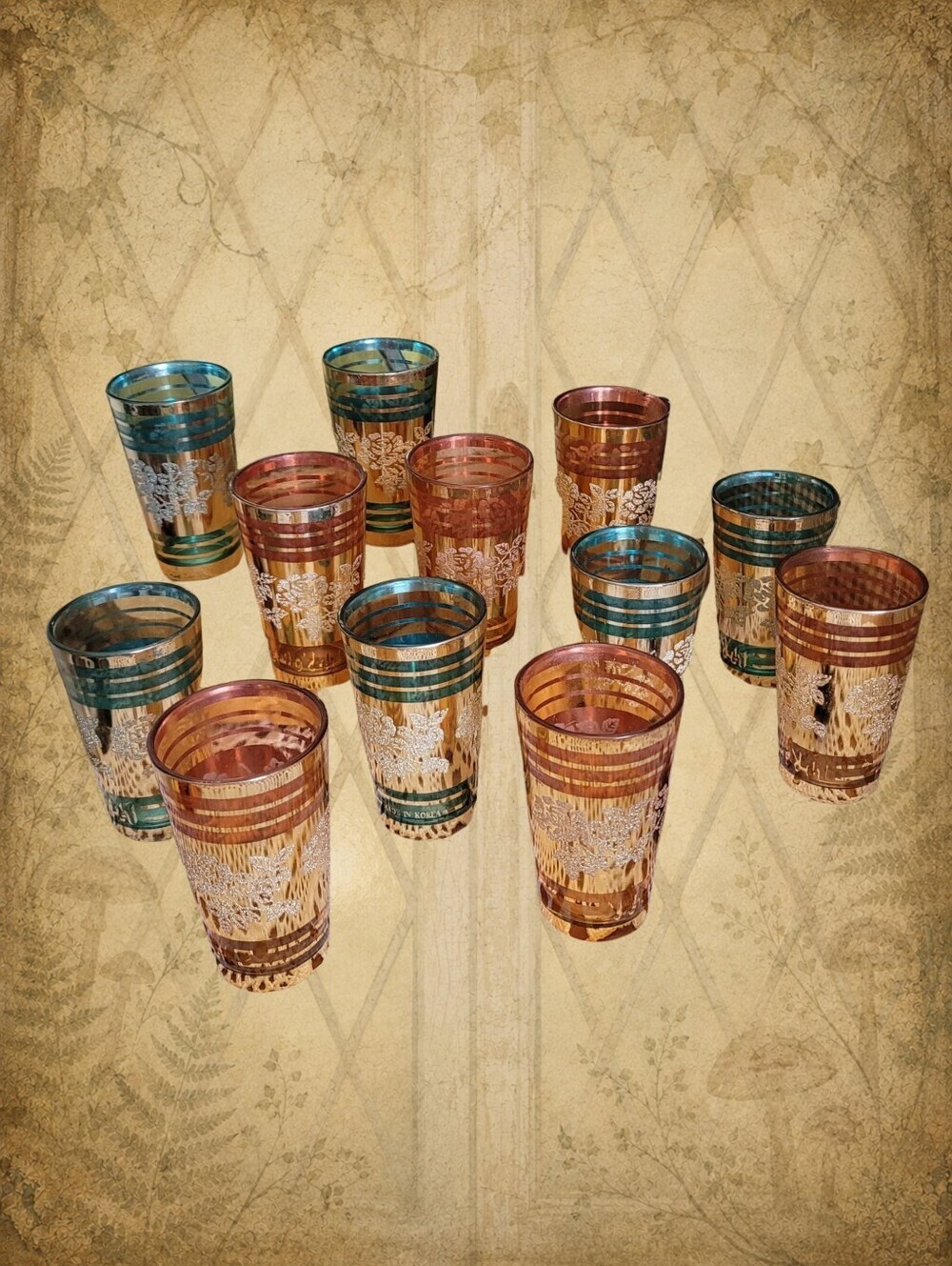 12 Vintage Drinking Glasses from Korea - Orange, Turquoise & Gold Roses